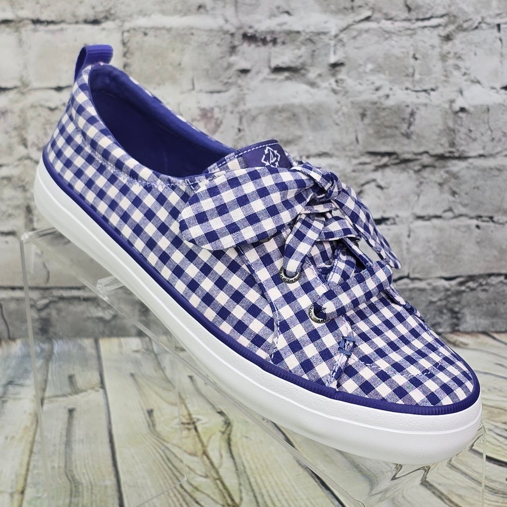 Sperry Crest Vibe Gingham Bow Sneakers Womens 9 Blue White Checkered STS88726